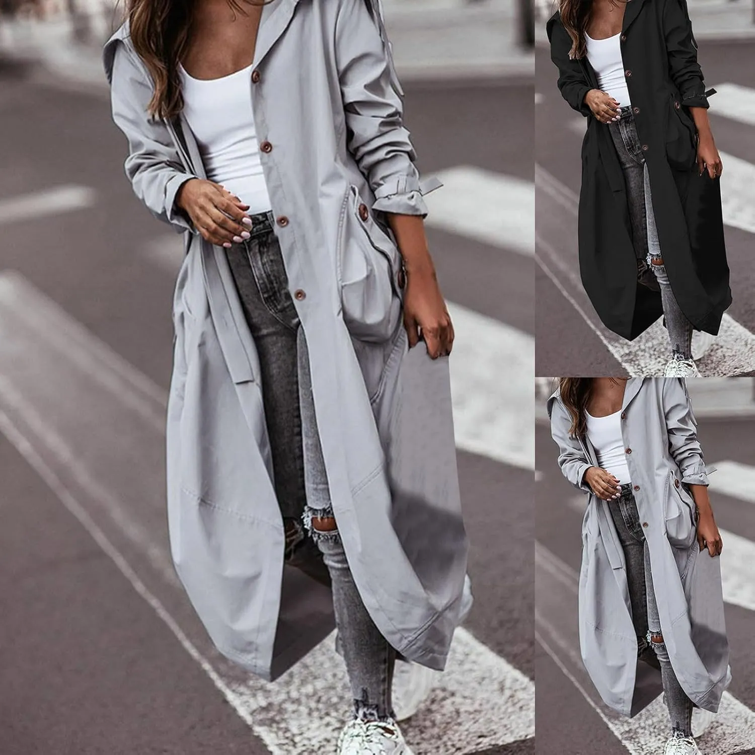 Long Trench Coat for Women Casual Single Breasted Lapel Neck Overcoat Mid Length Windbreaker Jacket 2024 Fall Coats