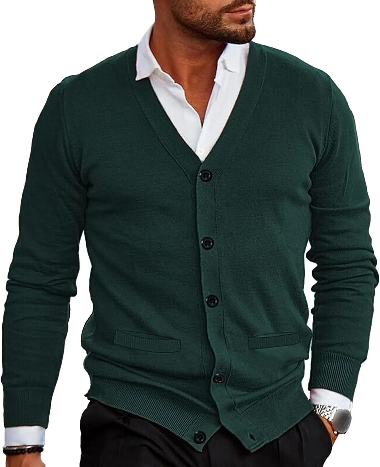 Maiyifu-GJ Men's Collar Cardigan Sweater V-Neck Knitted Sweaters Slim Fit Knit Button Up Sweater with Pockets