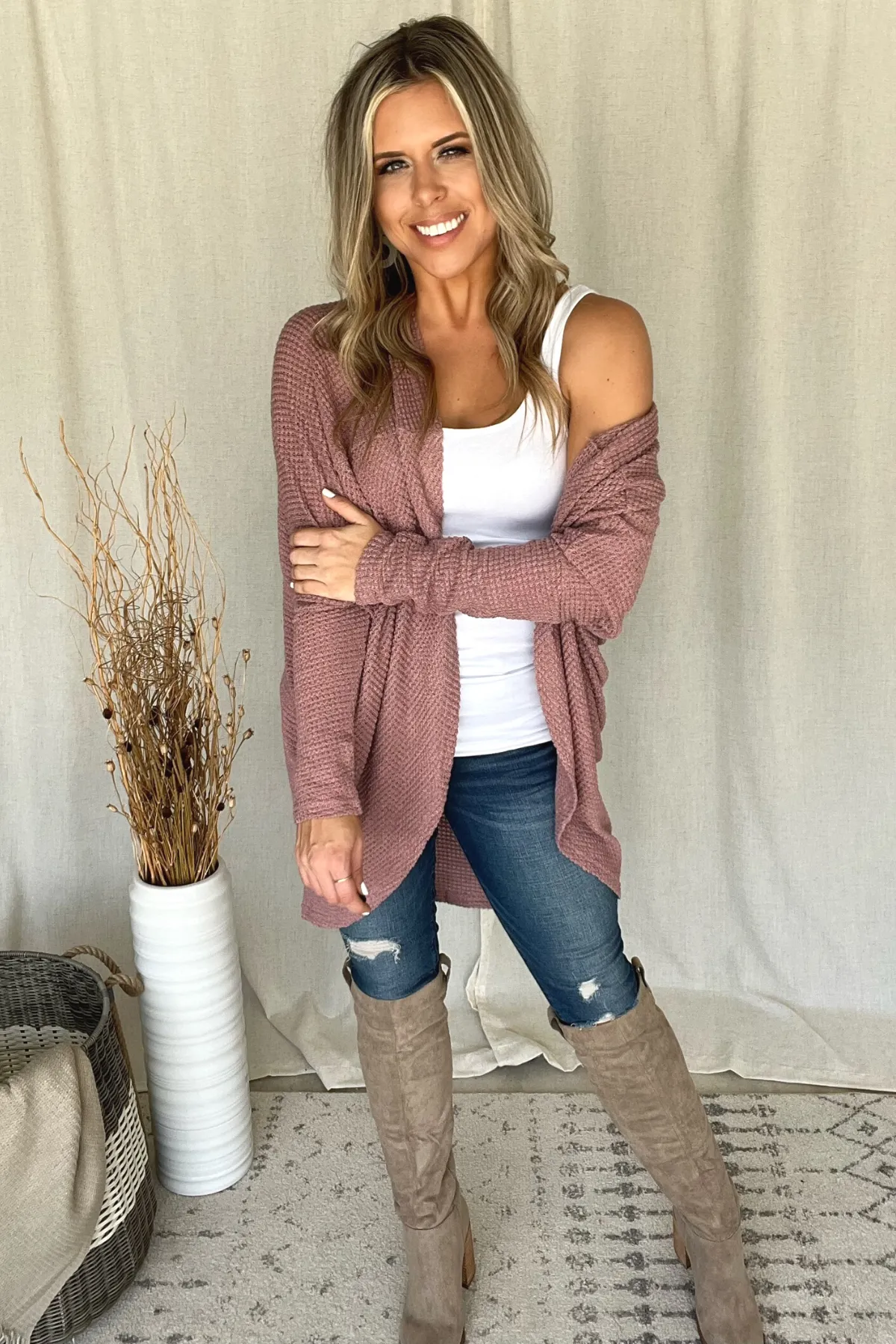 MAUVE WAFFLE KNIT COCOON CARDI