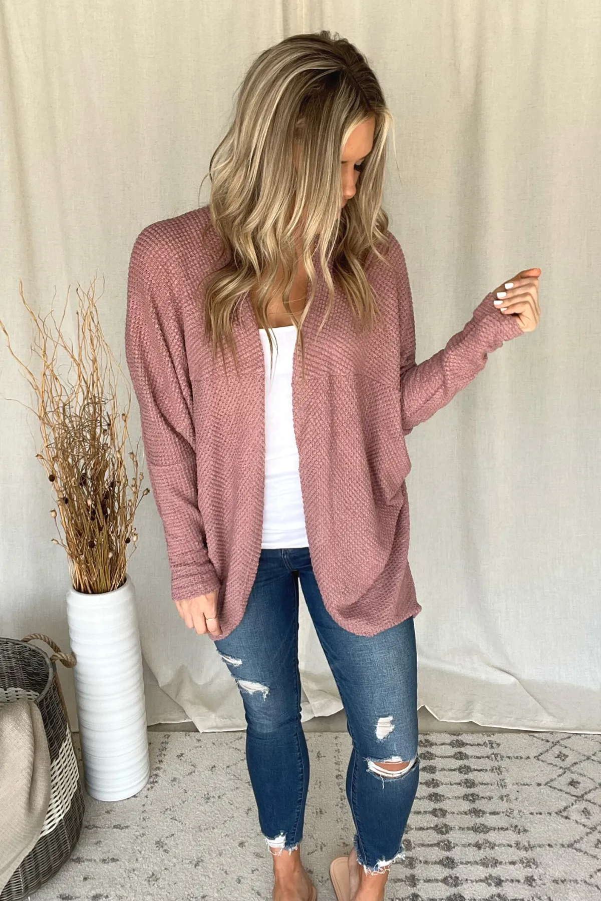 MAUVE WAFFLE KNIT COCOON CARDI