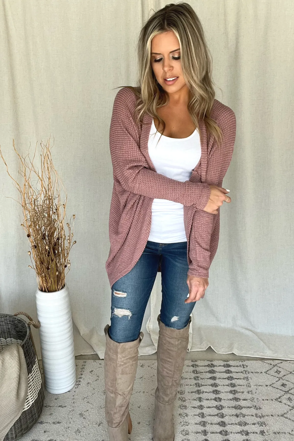 MAUVE WAFFLE KNIT COCOON CARDI