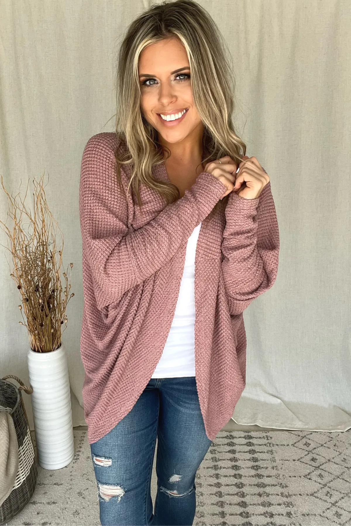 MAUVE WAFFLE KNIT COCOON CARDI