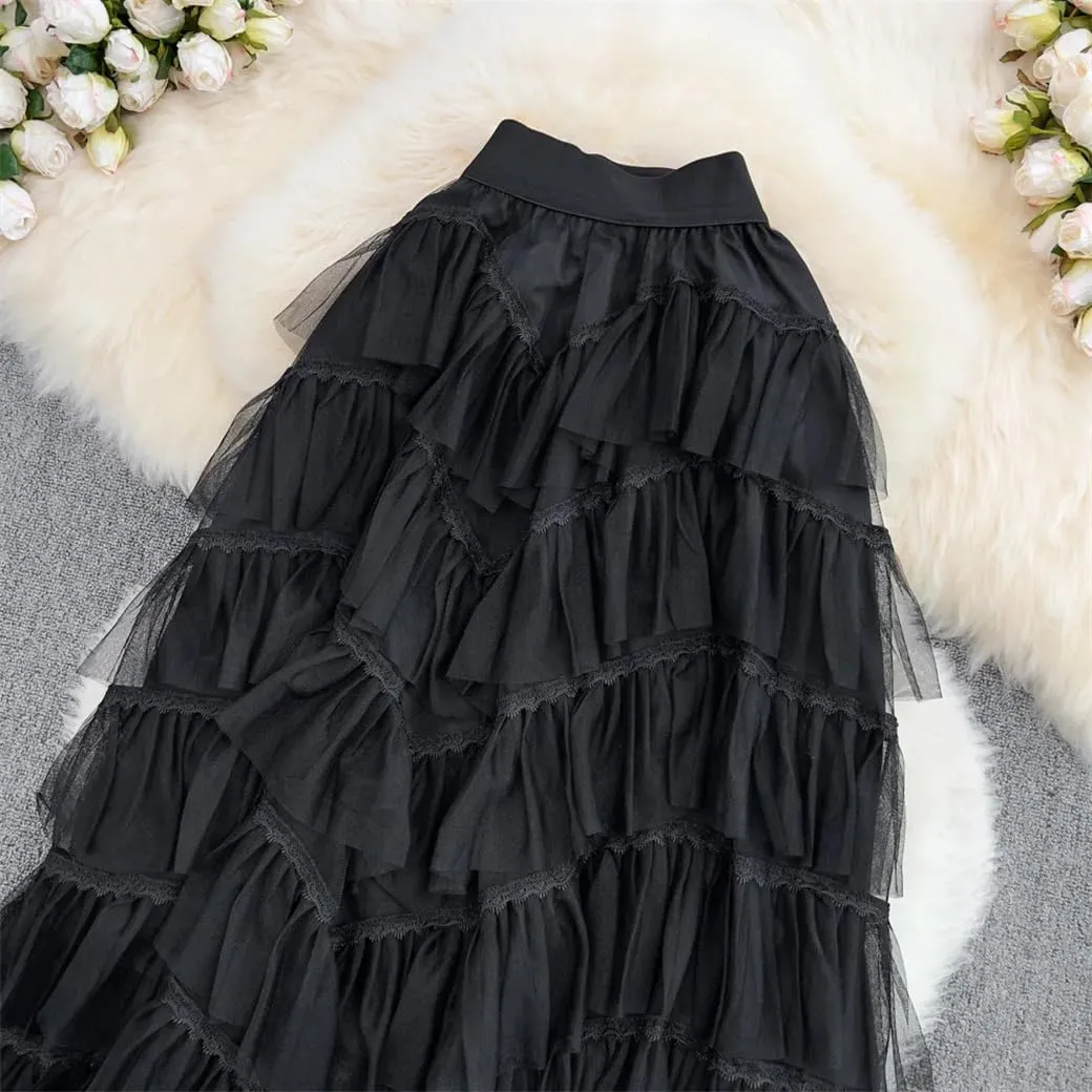 Maxi Tutu Tulle Skirt for Women Spring Summer Ruffles Tiered Mesh A Line High Waist Long Skirt Female