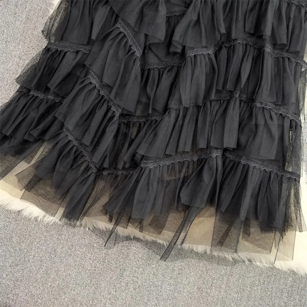 Maxi Tutu Tulle Skirt for Women Spring Summer Ruffles Tiered Mesh A Line High Waist Long Skirt Female