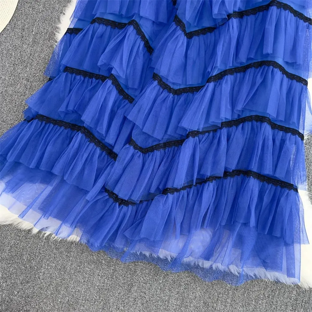 Maxi Tutu Tulle Skirt for Women Spring Summer Ruffles Tiered Mesh A Line High Waist Long Skirt Female