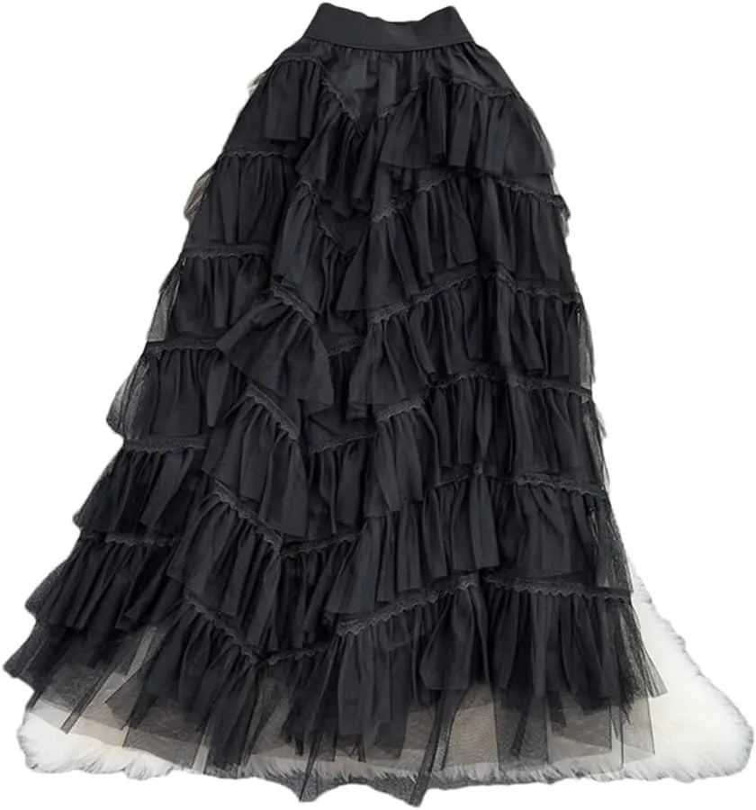 Maxi Tutu Tulle Skirt for Women Spring Summer Ruffles Tiered Mesh A Line High Waist Long Skirt Female