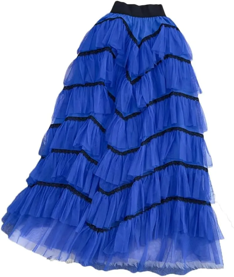 Maxi Tutu Tulle Skirt for Women Spring Summer Ruffles Tiered Mesh A Line High Waist Long Skirt Female