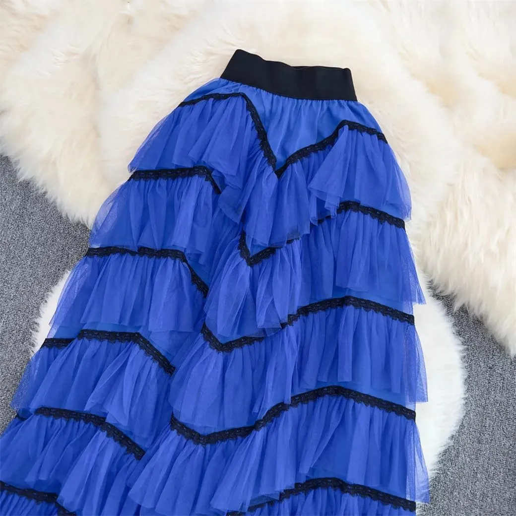 Maxi Tutu Tulle Skirt for Women Spring Summer Ruffles Tiered Mesh A Line High Waist Long Skirt Female