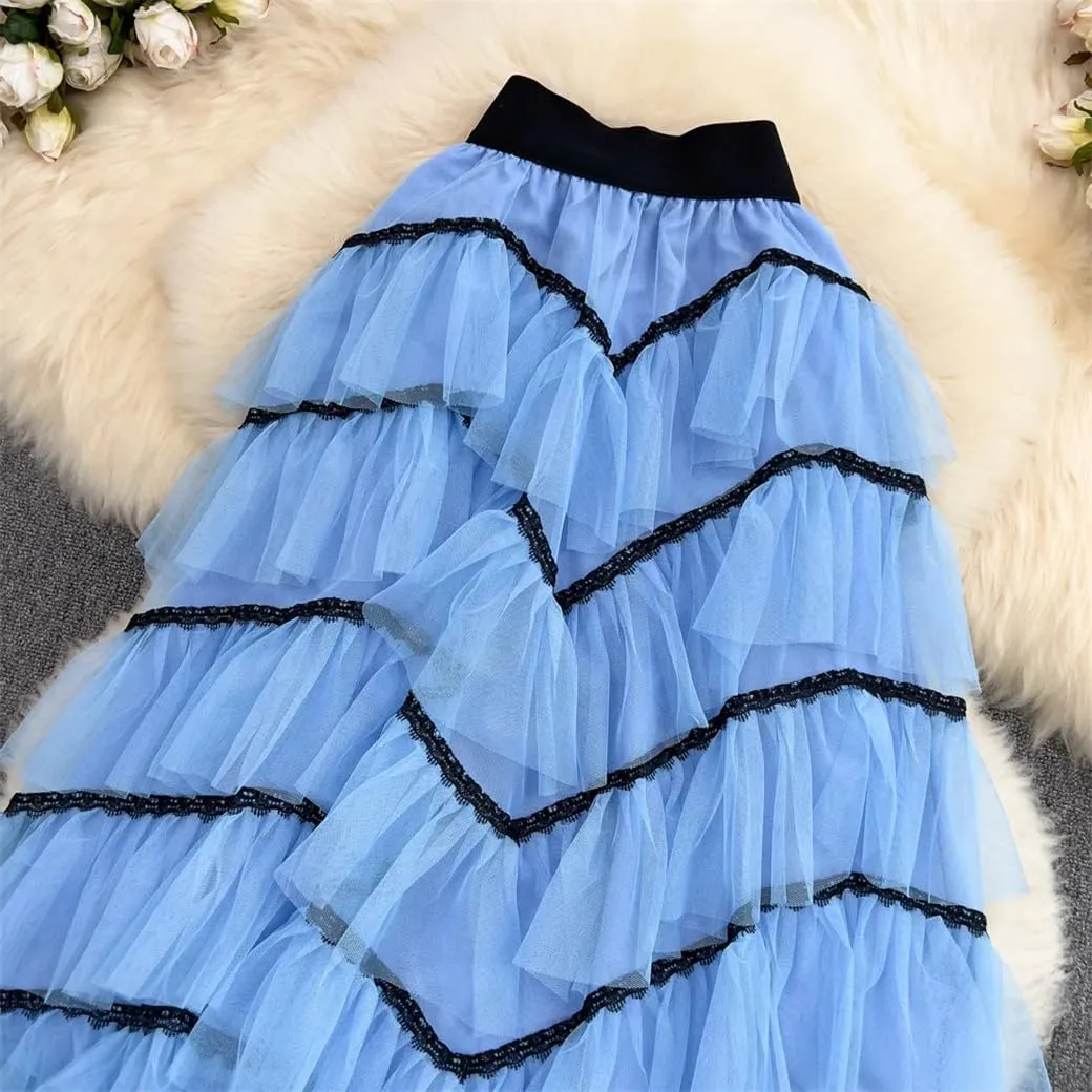 Maxi Tutu Tulle Skirt for Women Spring Summer Ruffles Tiered Mesh A Line High Waist Long Skirt Female