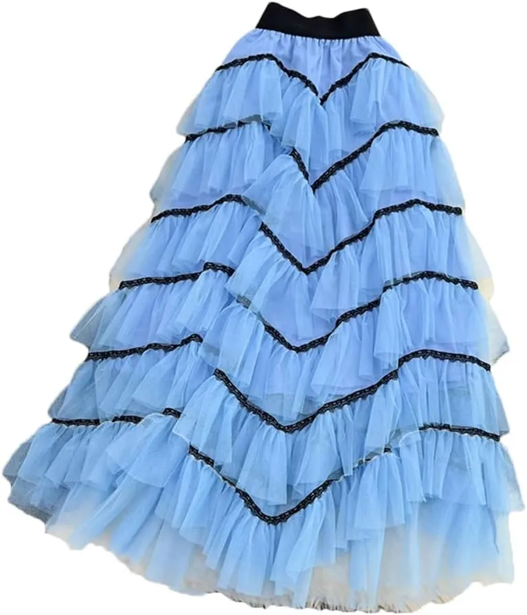 Maxi Tutu Tulle Skirt for Women Spring Summer Ruffles Tiered Mesh A Line High Waist Long Skirt Female