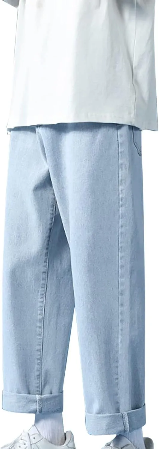 Men's Athletic-Fit Jean Old Men and Women Straight Korean Version Boys Casual Trousers Middle Waist Denim Long Pants