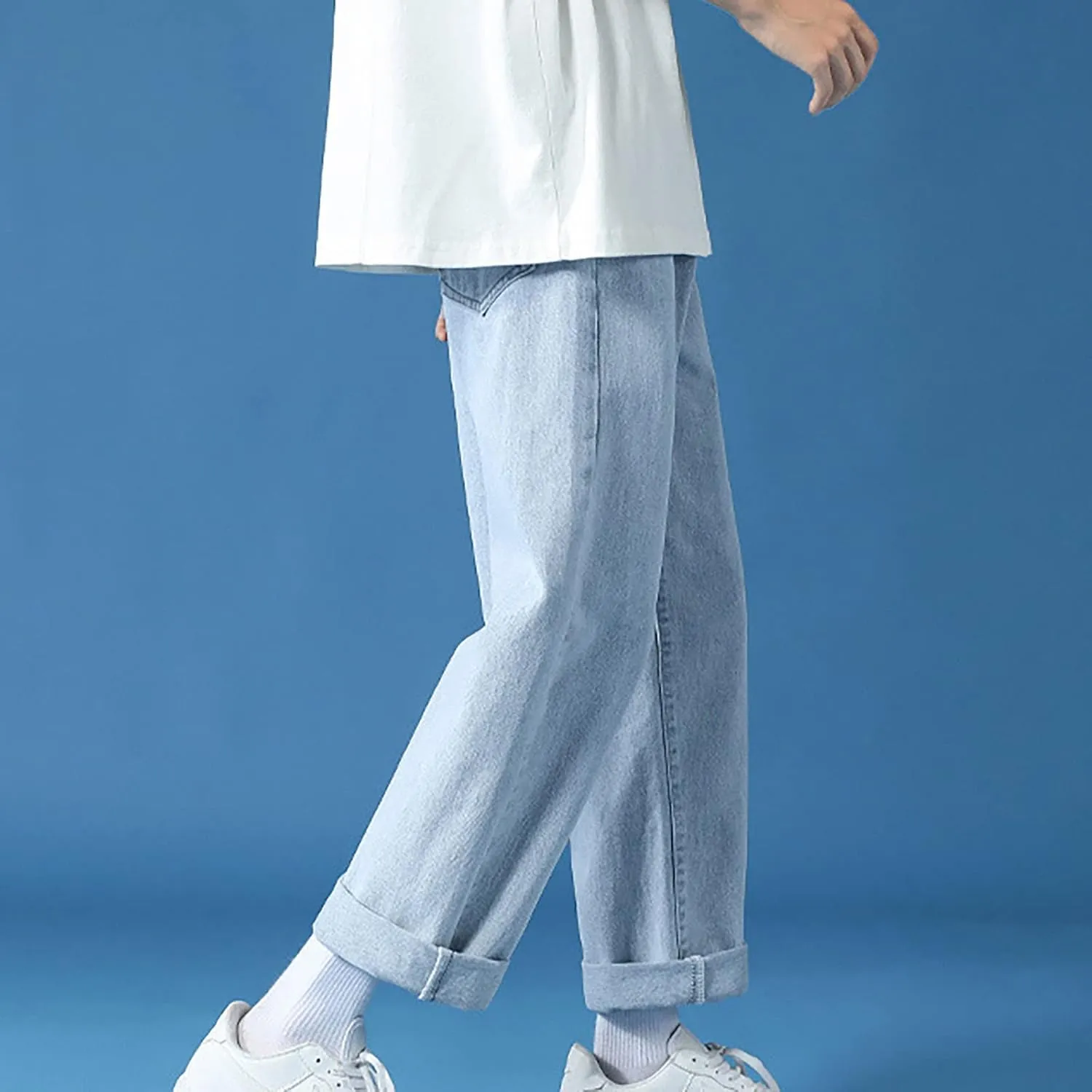 Men's Athletic-Fit Jean Old Men and Women Straight Korean Version Boys Casual Trousers Middle Waist Denim Long Pants