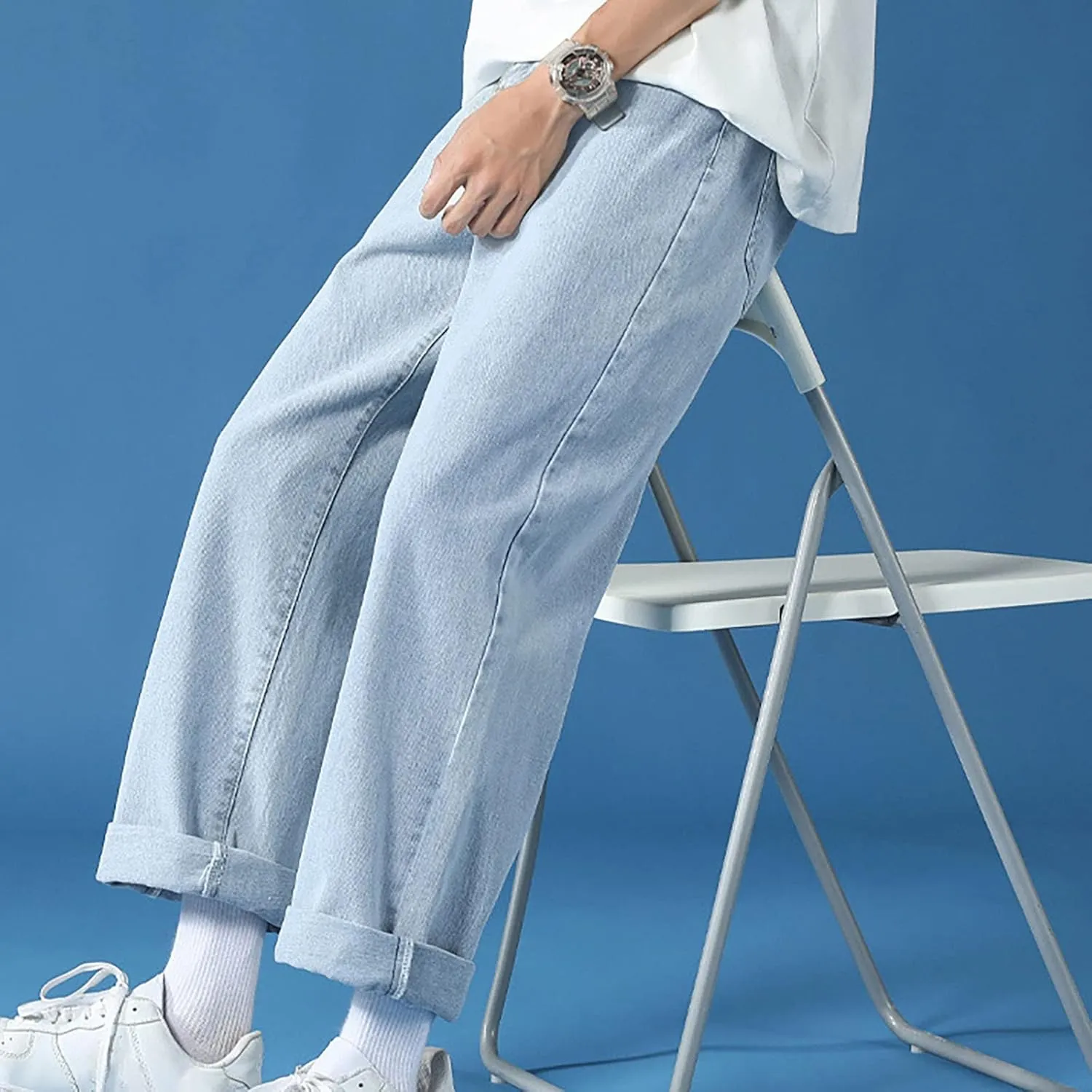 Men's Athletic-Fit Jean Old Men and Women Straight Korean Version Boys Casual Trousers Middle Waist Denim Long Pants