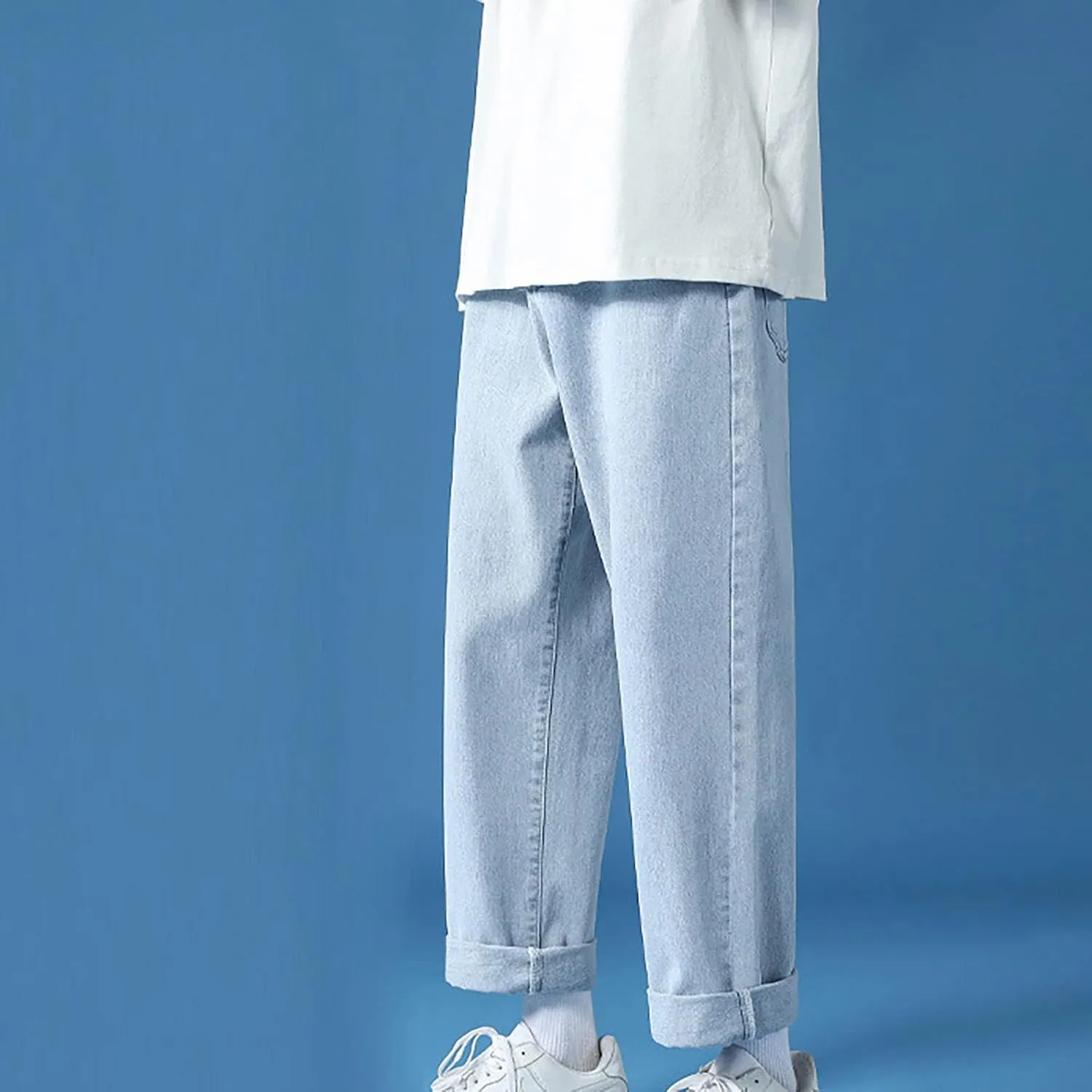 Men's Athletic-Fit Jean Old Men and Women Straight Korean Version Boys Casual Trousers Middle Waist Denim Long Pants