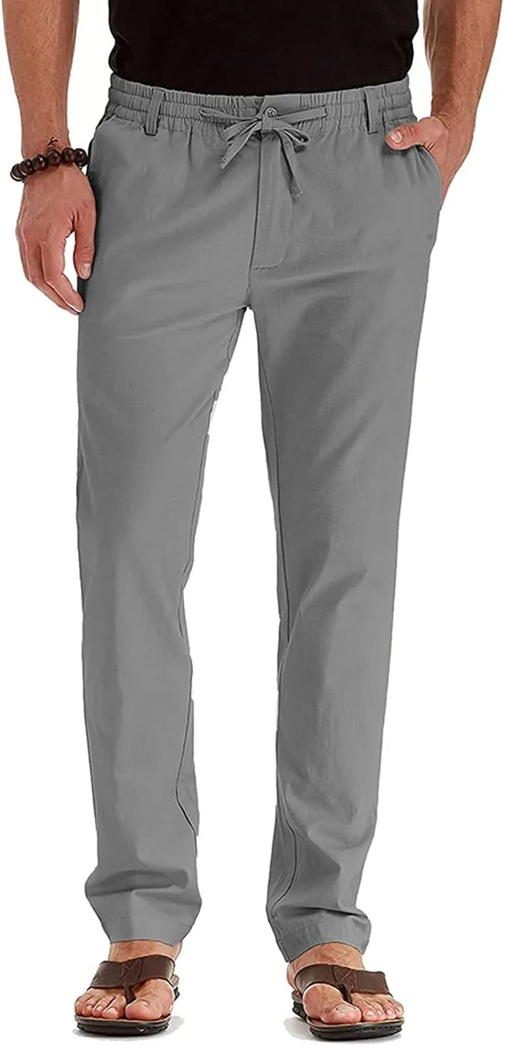 Mens Wild Cotton Pants, Classic Regular Fit Business Casual Work Pants, Elastic Drawstring Waist Twill Pants for Men
