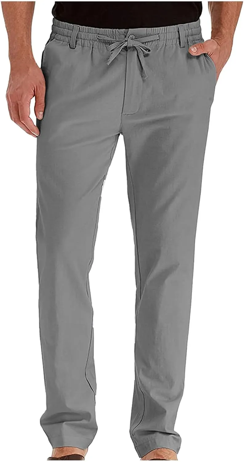 Mens Wild Cotton Pants, Classic Regular Fit Business Casual Work Pants, Elastic Drawstring Waist Twill Pants for Men