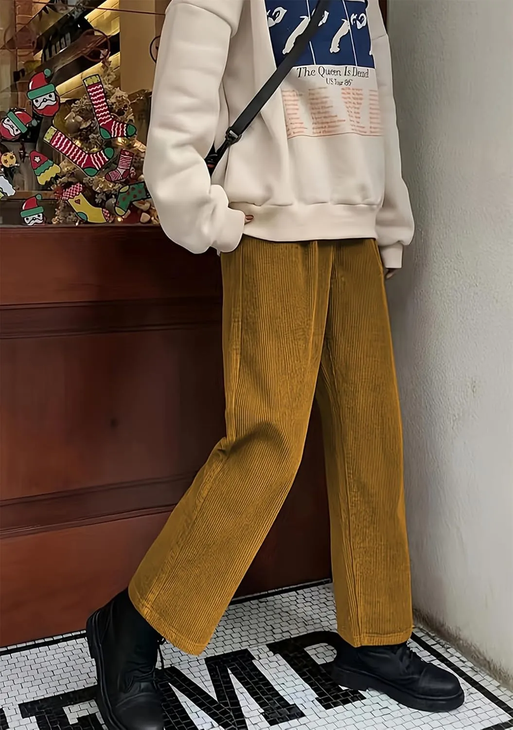 OMZIN Women's Corduroy Pleated Pants Straight Leg Long Commuting Trousers Classic Baggy Slacks