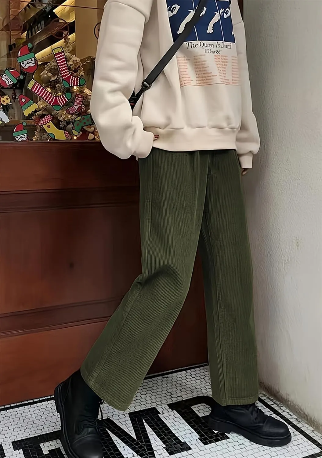OMZIN Women's Corduroy Pleated Pants Straight Leg Long Commuting Trousers Classic Baggy Slacks