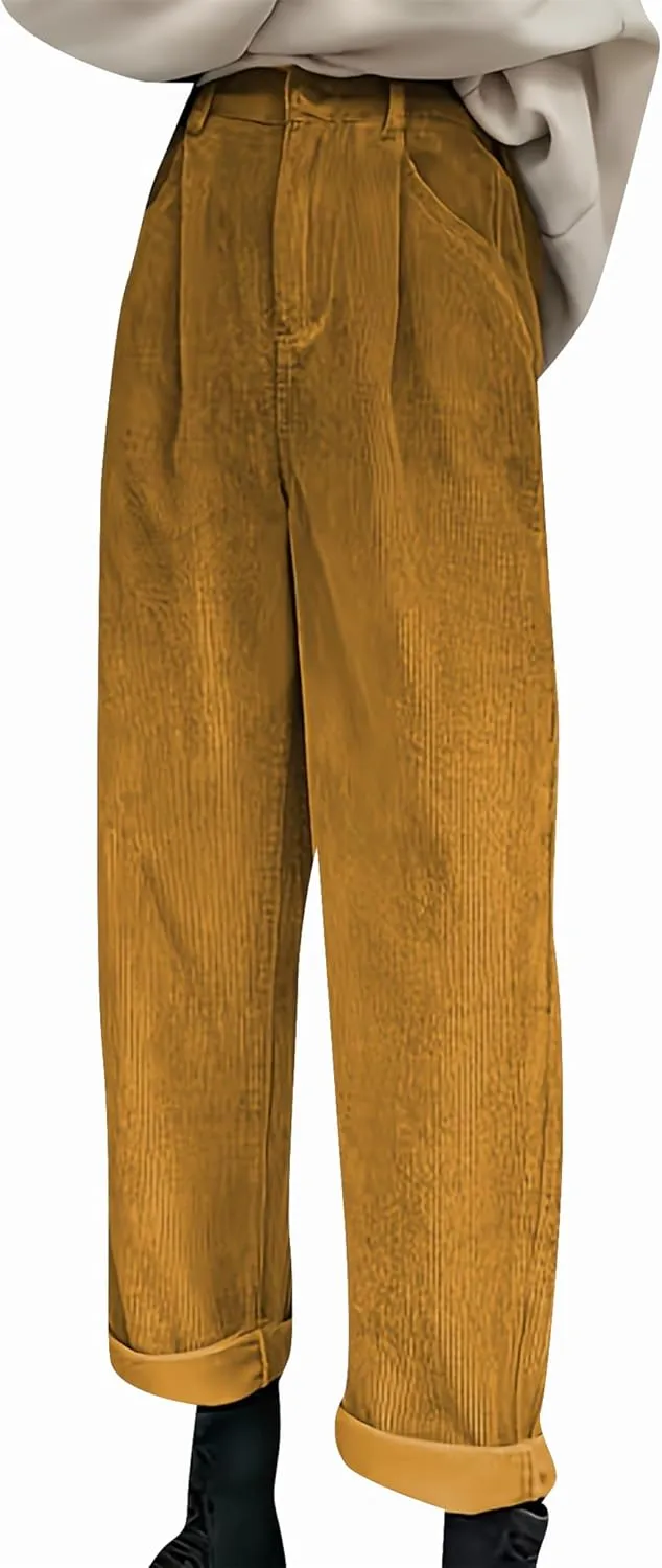 OMZIN Women's Corduroy Pleated Pants Straight Leg Long Commuting Trousers Classic Baggy Slacks