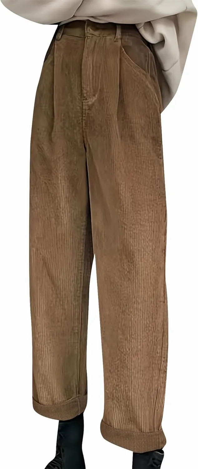 OMZIN Women's Corduroy Pleated Pants Straight Leg Long Commuting Trousers Classic Baggy Slacks