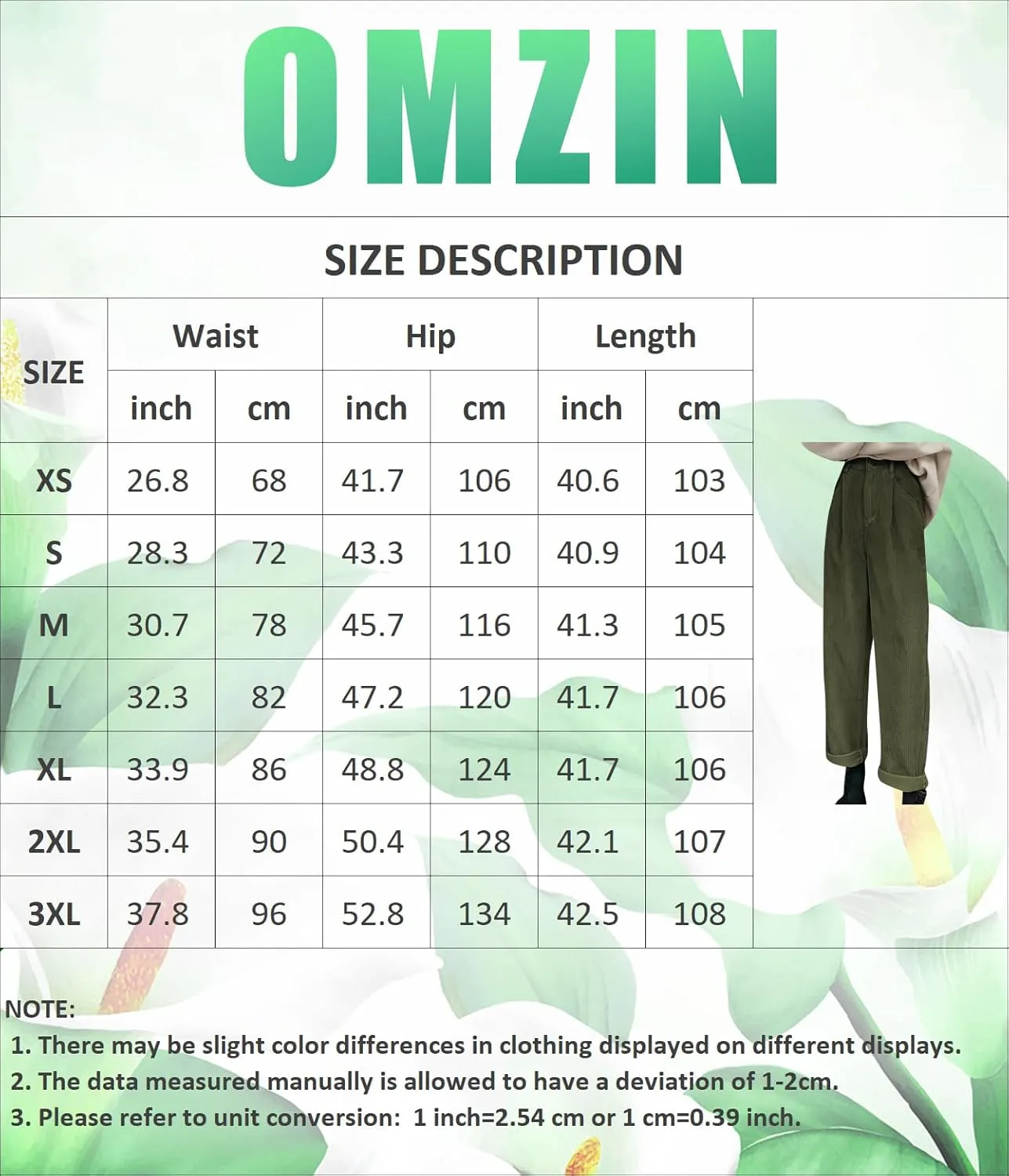 OMZIN Women's Corduroy Pleated Pants Straight Leg Long Commuting Trousers Classic Baggy Slacks