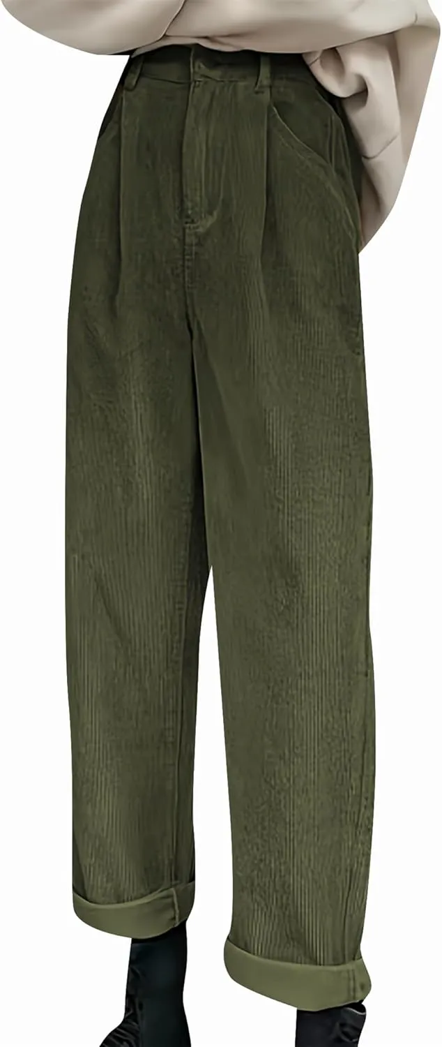 OMZIN Women's Corduroy Pleated Pants Straight Leg Long Commuting Trousers Classic Baggy Slacks
