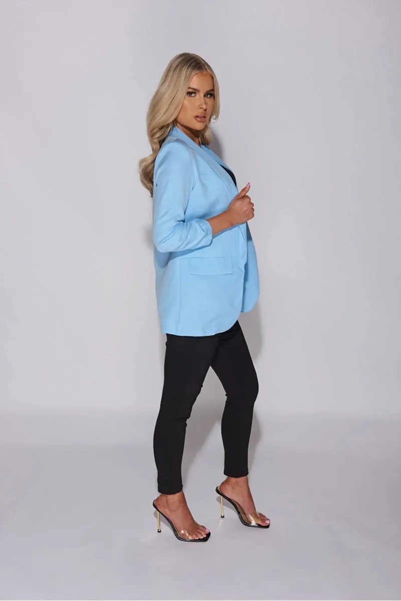 Powder Blue Lapel Detail Ruched Sleeve Blazer