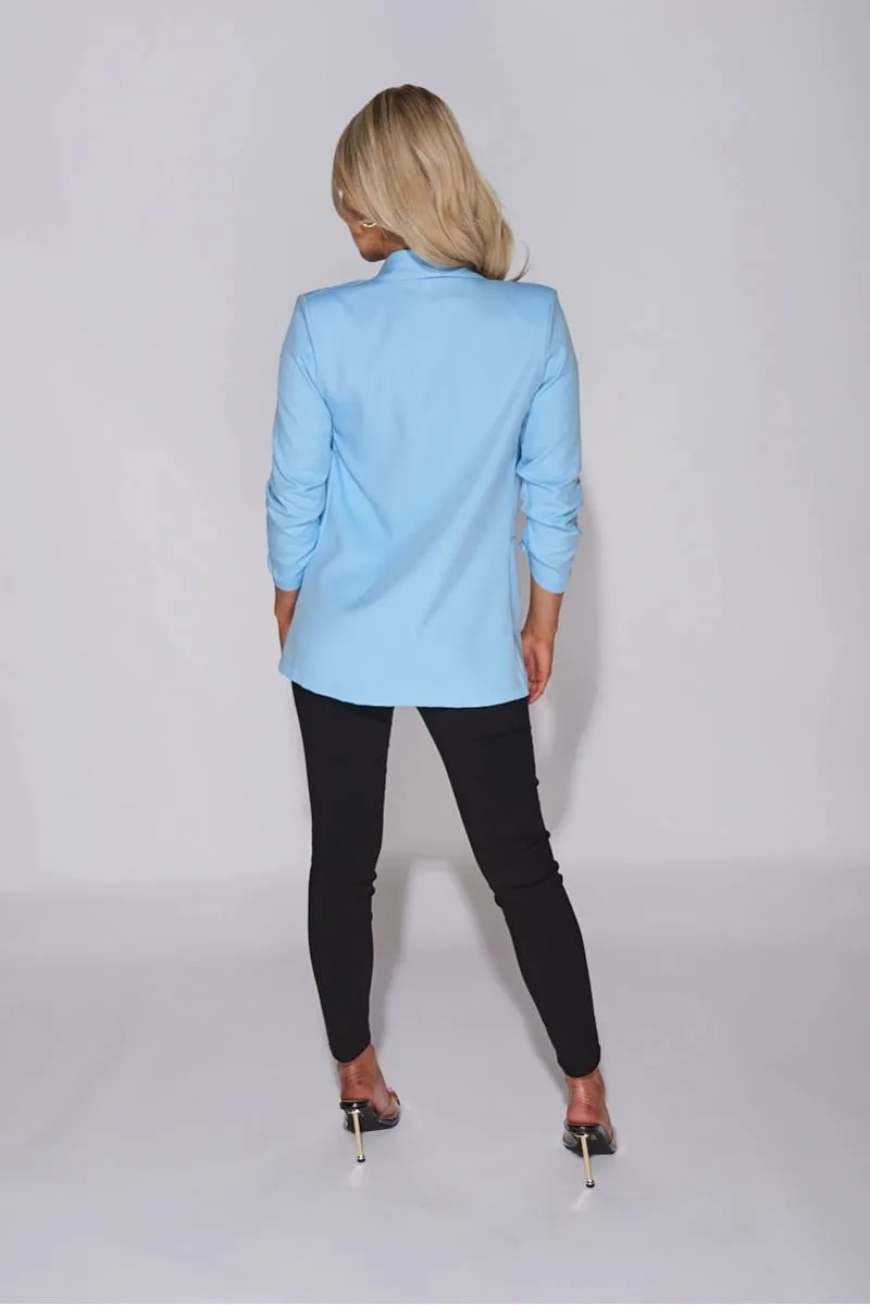 Powder Blue Lapel Detail Ruched Sleeve Blazer