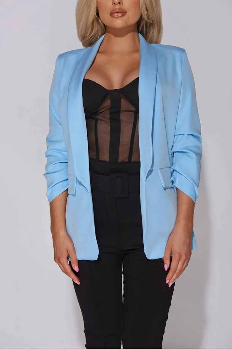 Powder Blue Lapel Detail Ruched Sleeve Blazer