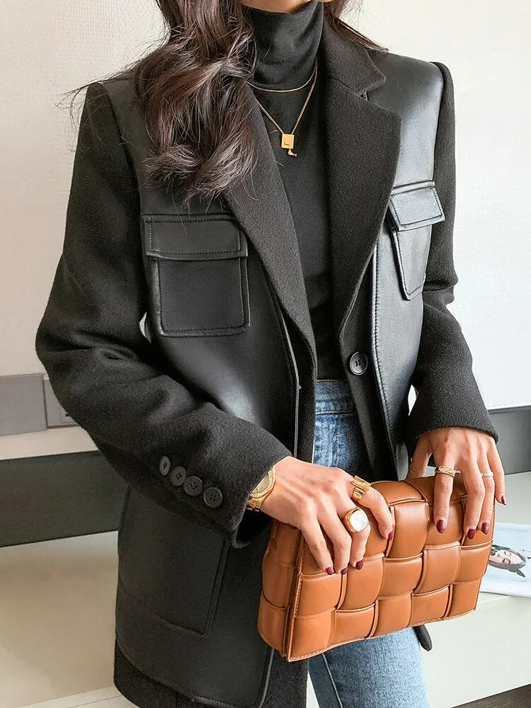 PU Leather Patchwork Single Breasted Blazer