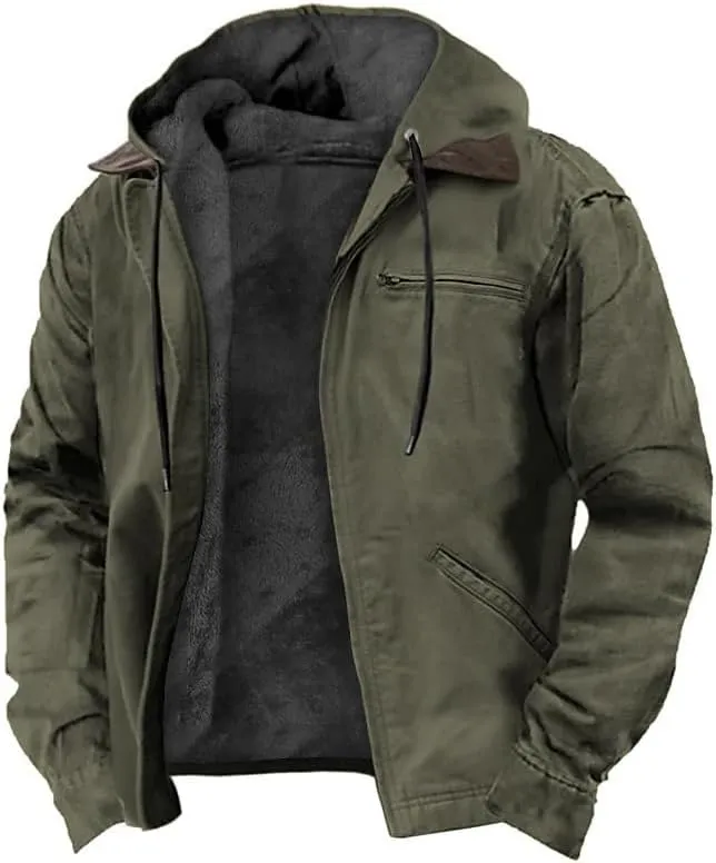 SevenBoy Men's Relaxed Fit Washed Duck Sherpa-Lined Utility Hooded Jacket, Zip-Up with Front Pockets