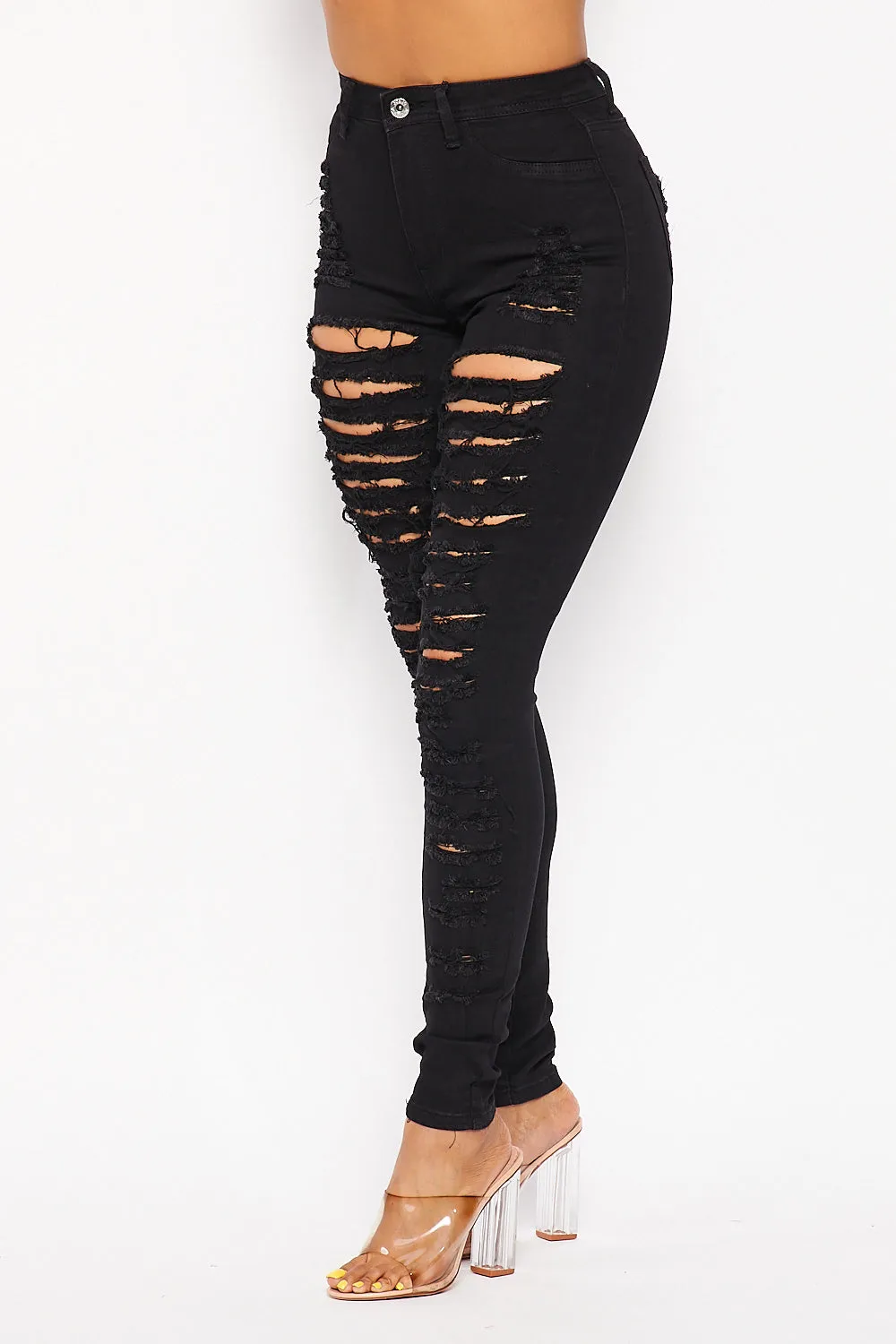 Super High Waisted Super Distressed Skinny Jeans - Black