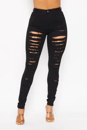Super High Waisted Super Distressed Skinny Jeans - Black