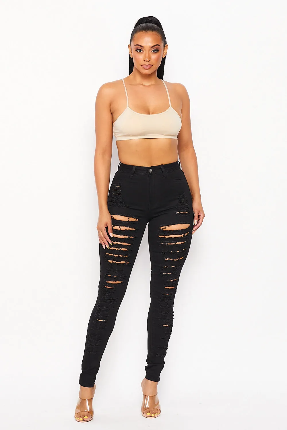 Super High Waisted Super Distressed Skinny Jeans - Black