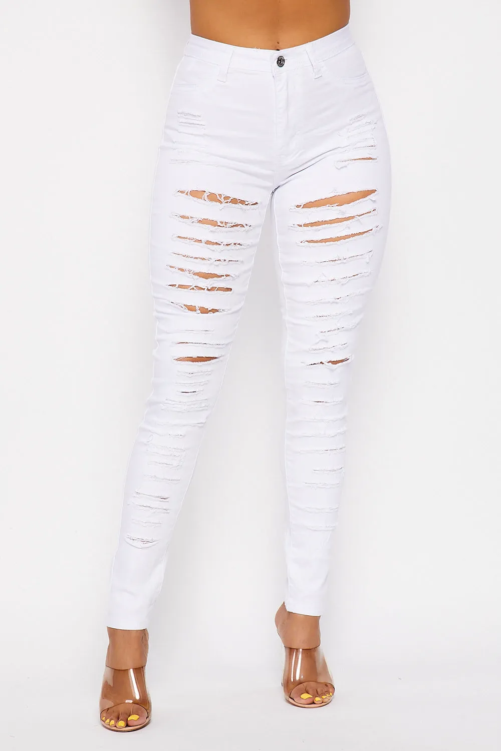 Super High Waisted Super Distressed Skinny Jeans - White