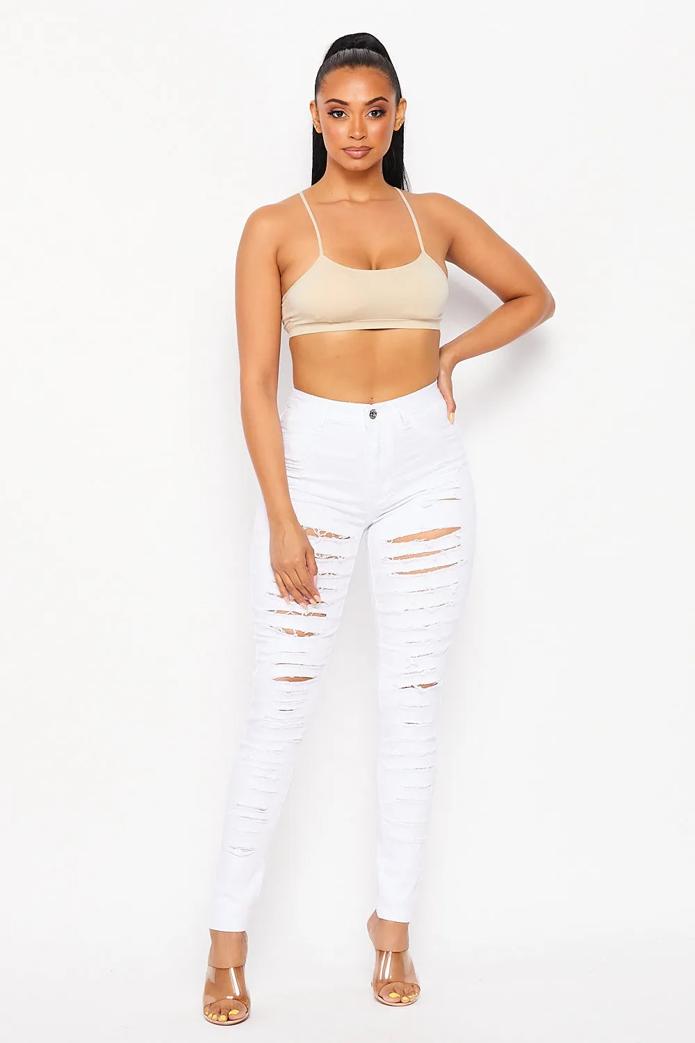 Super High Waisted Super Distressed Skinny Jeans - White