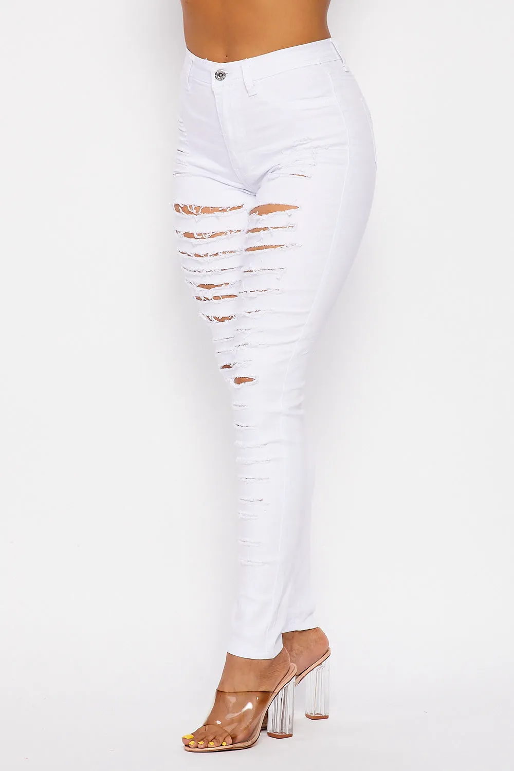 Super High Waisted Super Distressed Skinny Jeans - White