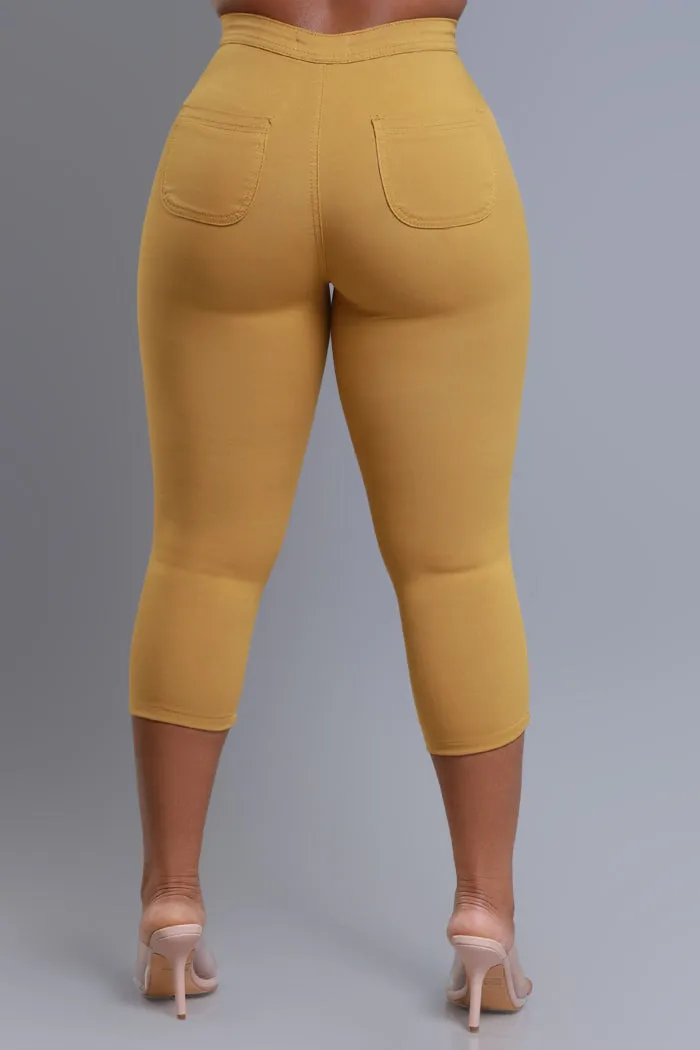 Super Swank High Rise Stretchy Capri Pants - Mustard