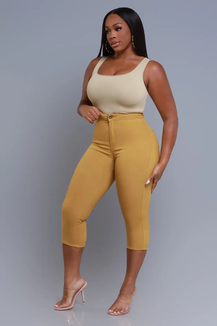 Super Swank High Rise Stretchy Capri Pants - Mustard