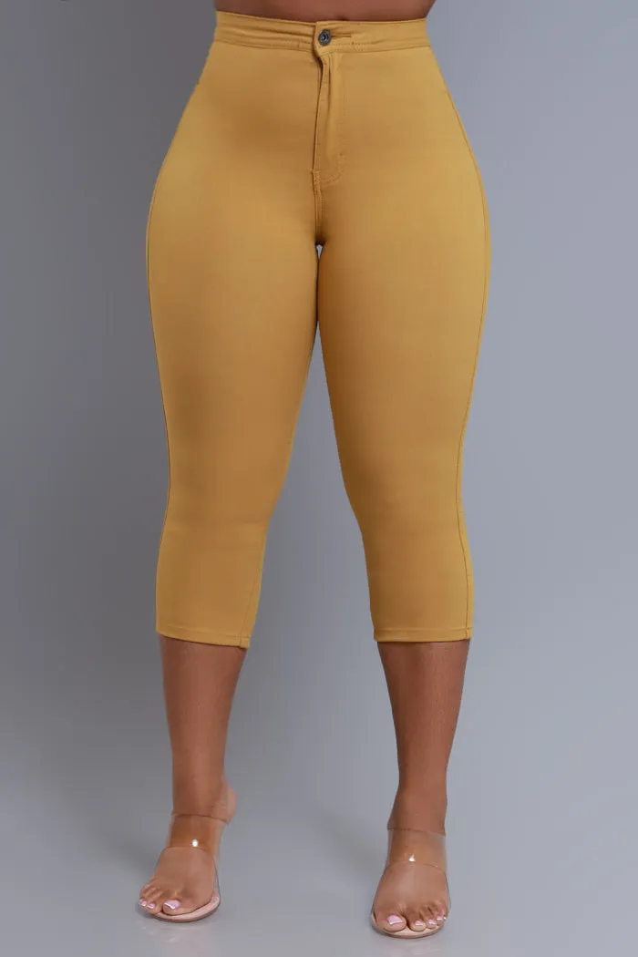 Super Swank High Rise Stretchy Capri Pants - Mustard
