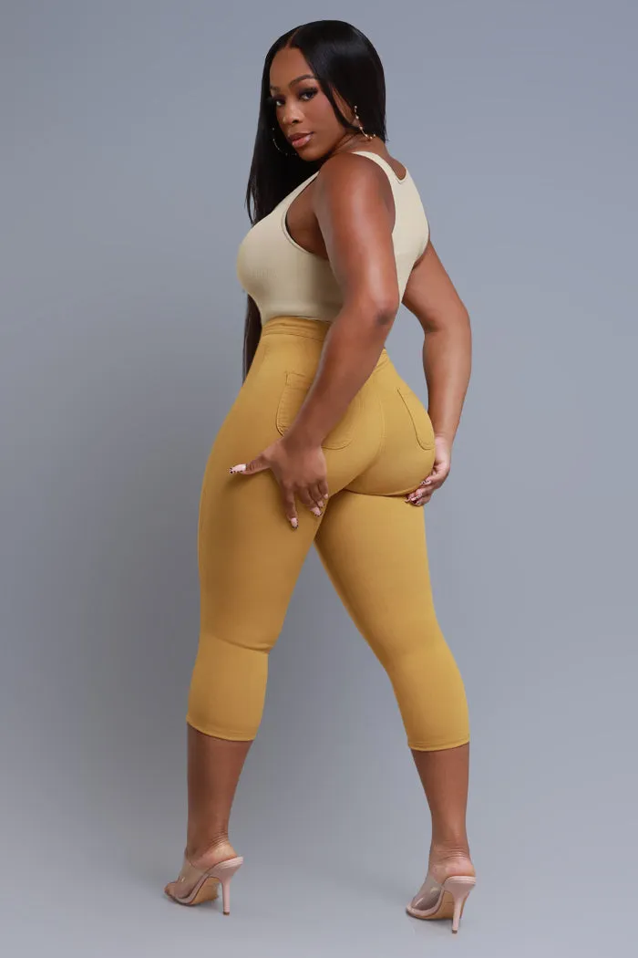 Super Swank High Rise Stretchy Capri Pants - Mustard