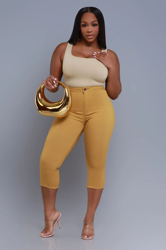 Super Swank High Rise Stretchy Capri Pants - Mustard