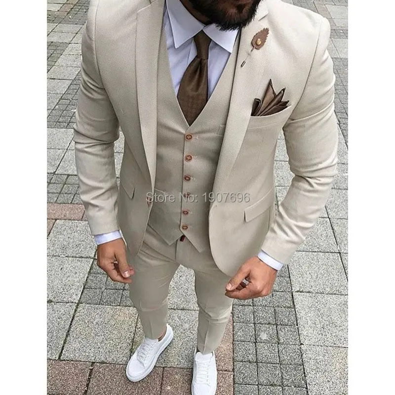 Voguable Slim Fit Casual Men Suits Beige 3 Piece Jacket with Pants Vest New Fashion Male Blazer Bespoke Wedding Groom Tuxedo New Arrival