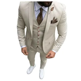 Voguable Slim Fit Casual Men Suits Beige 3 Piece Jacket with Pants Vest New Fashion Male Blazer Bespoke Wedding Groom Tuxedo New Arrival