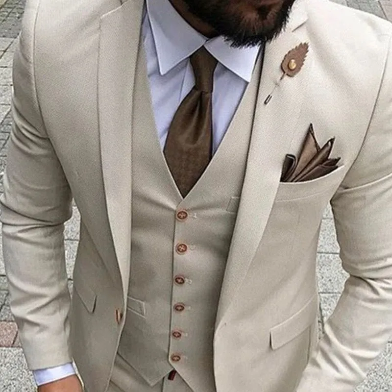 Voguable Slim Fit Casual Men Suits Beige 3 Piece Jacket with Pants Vest New Fashion Male Blazer Bespoke Wedding Groom Tuxedo New Arrival