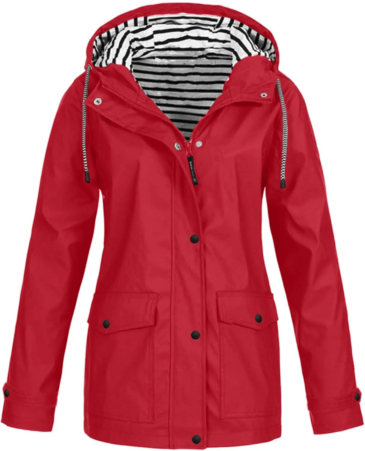 Waterproof Rain Jacket for Women, Women's Zip Lining Stripes Hooded Jackets with Pockets Solid Color Windproof Coat