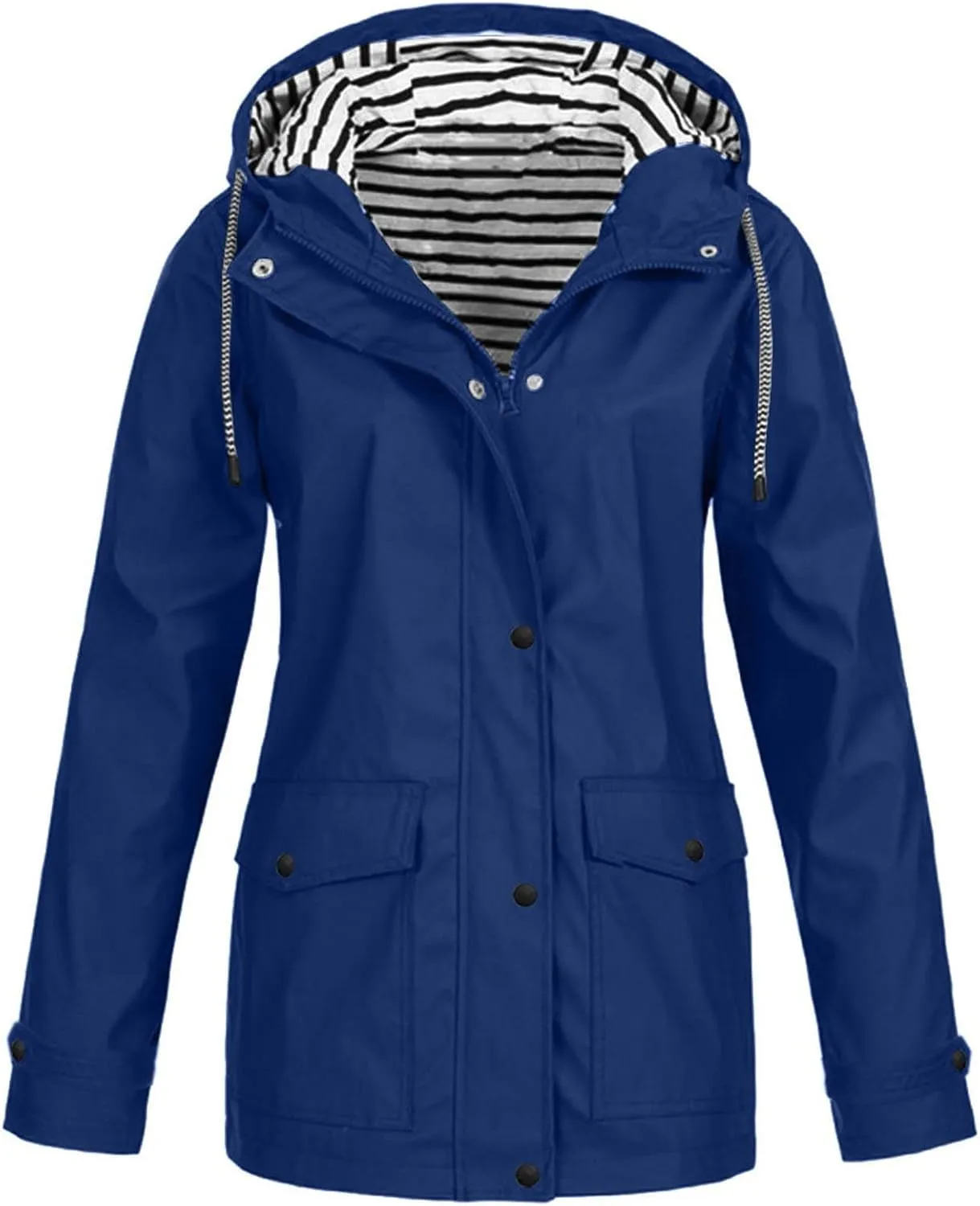 Waterproof Rain Jacket for Women, Women's Zip Lining Stripes Hooded Jackets with Pockets Solid Color Windproof Coat