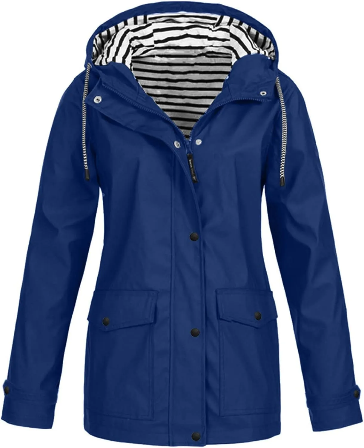 Waterproof Rain Jacket for Women, Women's Zip Lining Stripes Hooded Jackets with Pockets Solid Color Windproof Coat