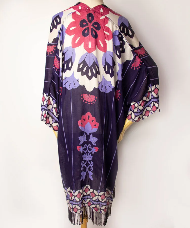 White Floral Print Fringe Boho Kimono Cardigan