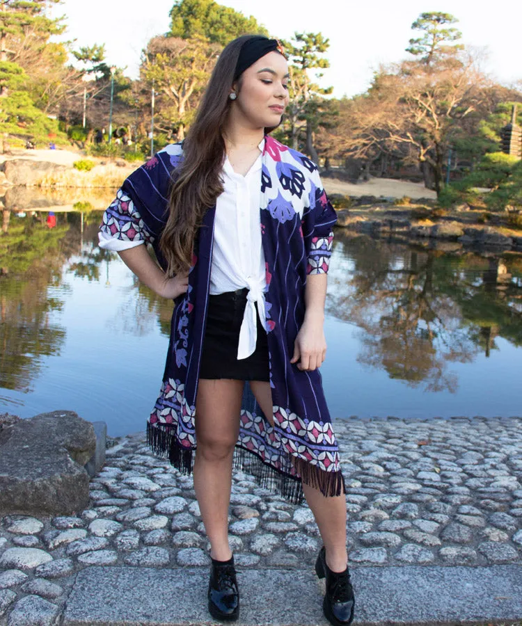 White Floral Print Fringe Boho Kimono Cardigan